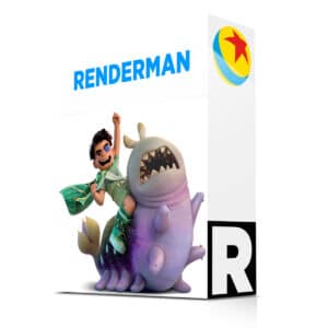 Personnage joyeux sur une créature violette, texte RenderMan.