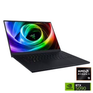 Ordinateur portable avec écran coloré et logos AMD, Nvidia.