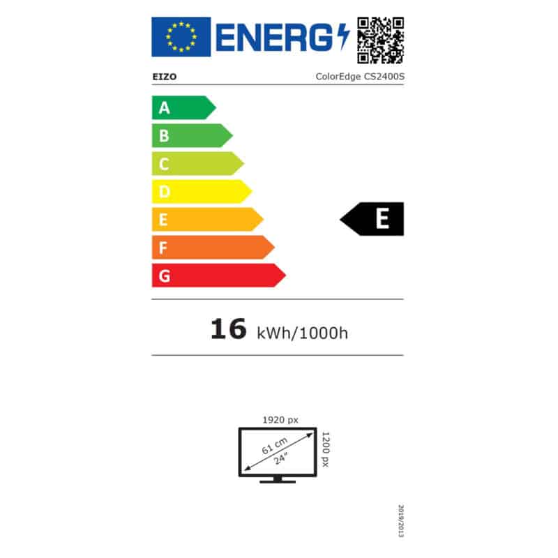 Étiquette énergétique écran E, 16 kWh/1000h, 24 pouces.