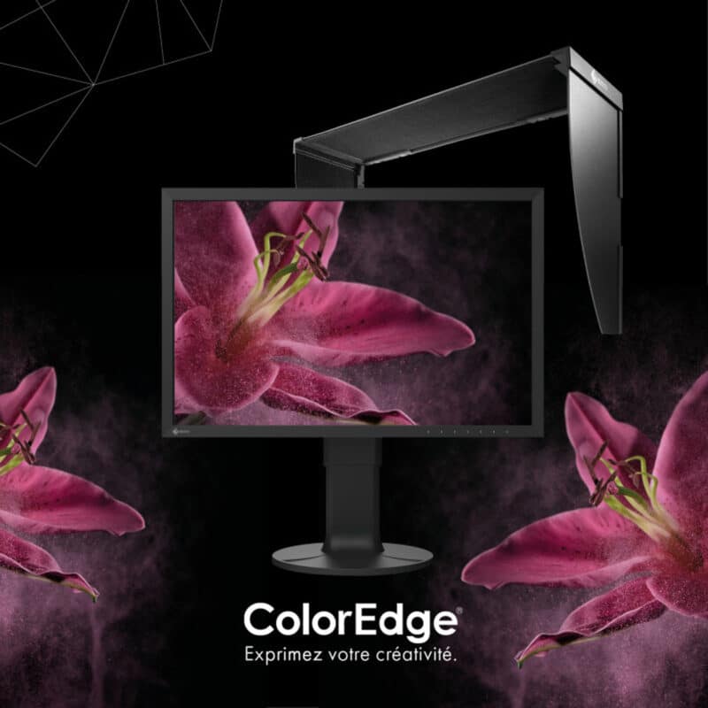 Écran avec fleur rose et slogan ColorEdge.