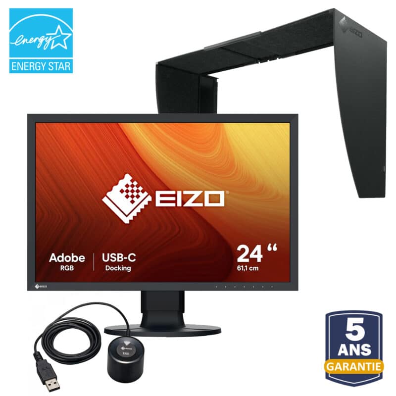 Écran Eizo 24 pouces avec accessoires et garantie.