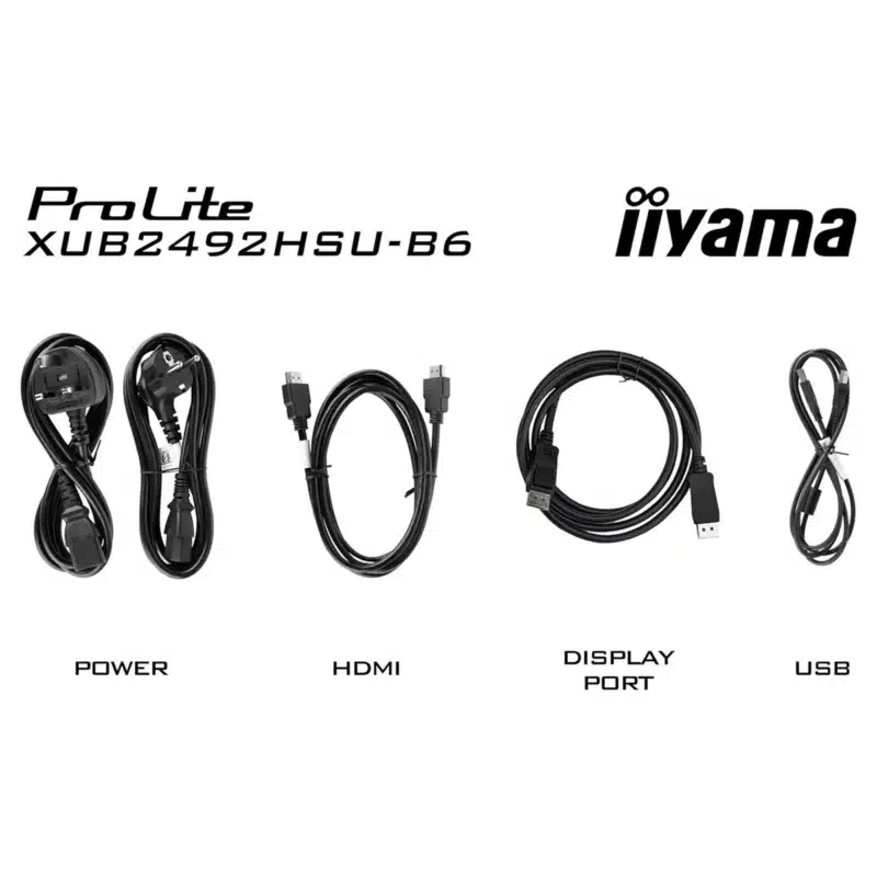 Câbles ProLite : alimentation, HDMI, DisplayPort, USB.