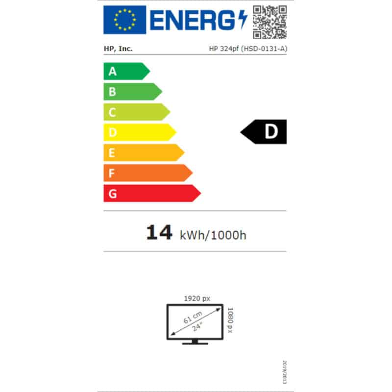 Étiquette énergétique écran HP, classe D, 14 kWh/1000h.