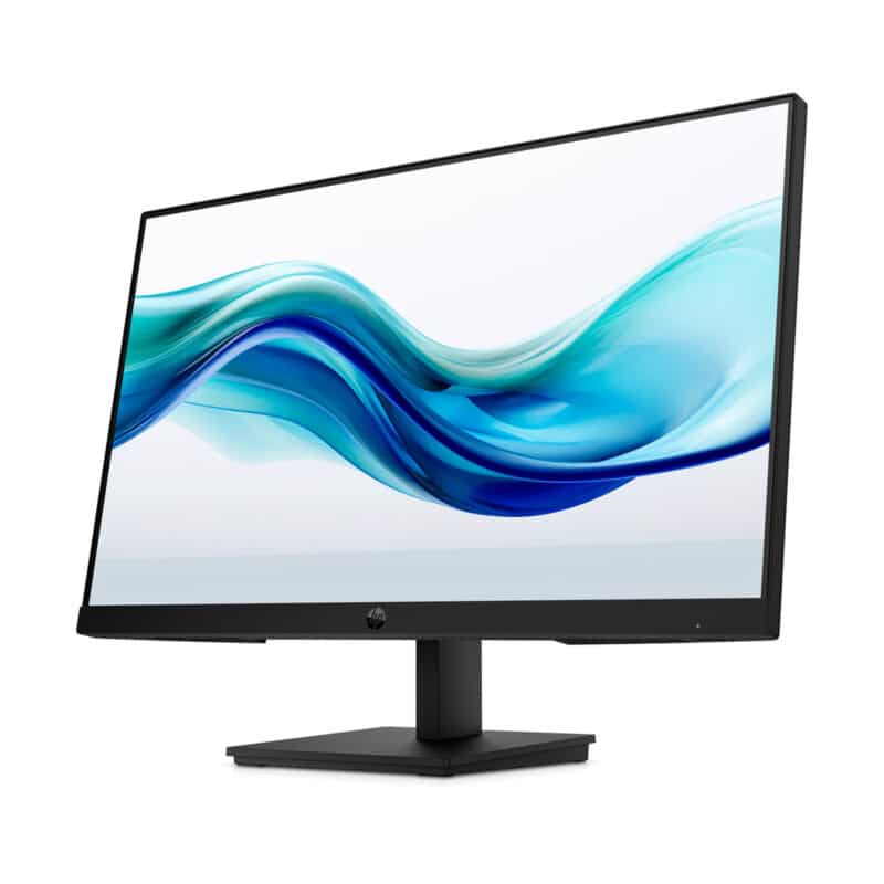 Écran HP moderne avec fond bleu ondulé.