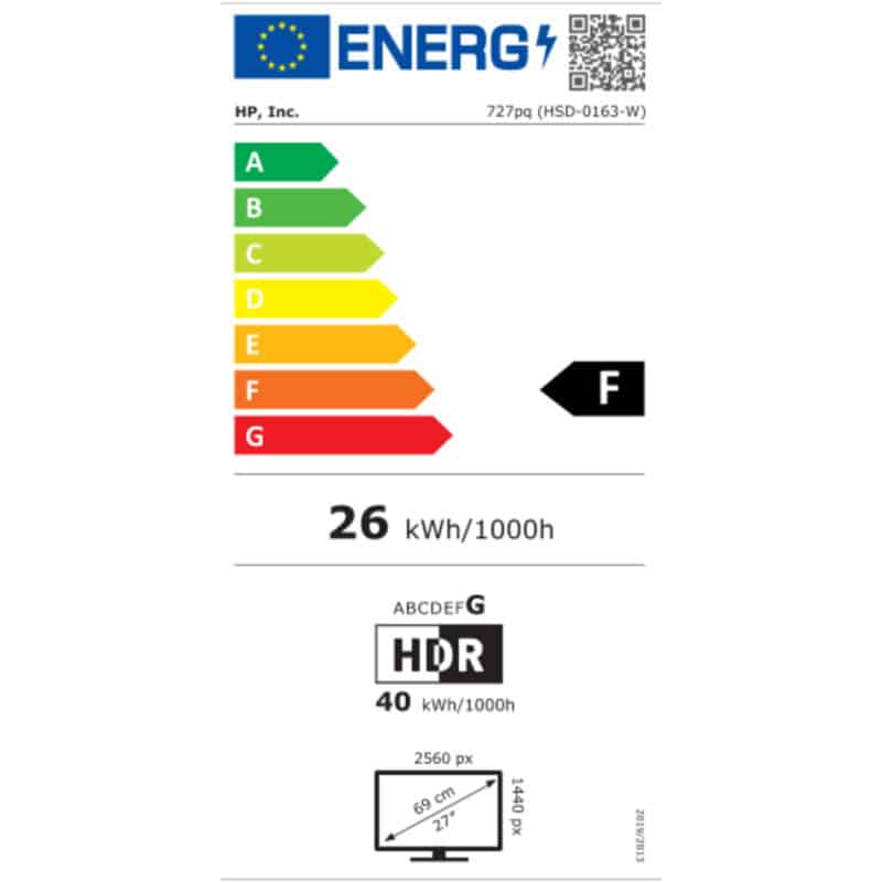 Étiquette énergie écran, classe F, 26 kWh/1000h.
