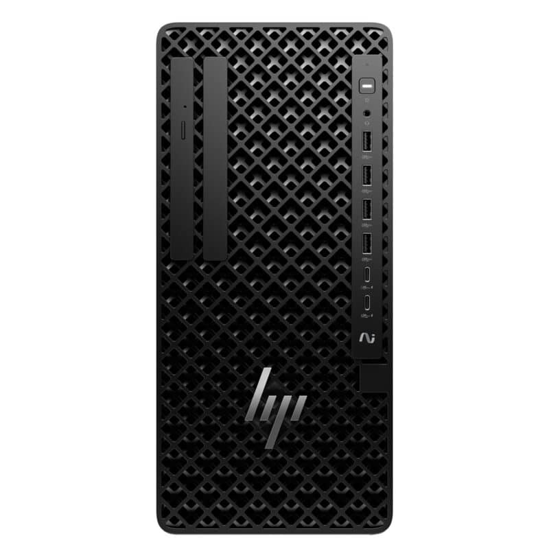 Vue de face d'une unité centrale HP noire.