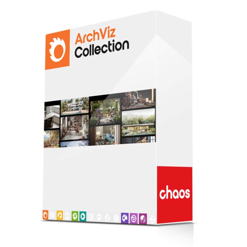 Boîte logiciel ArchViz Collection Chaos, design numérique.