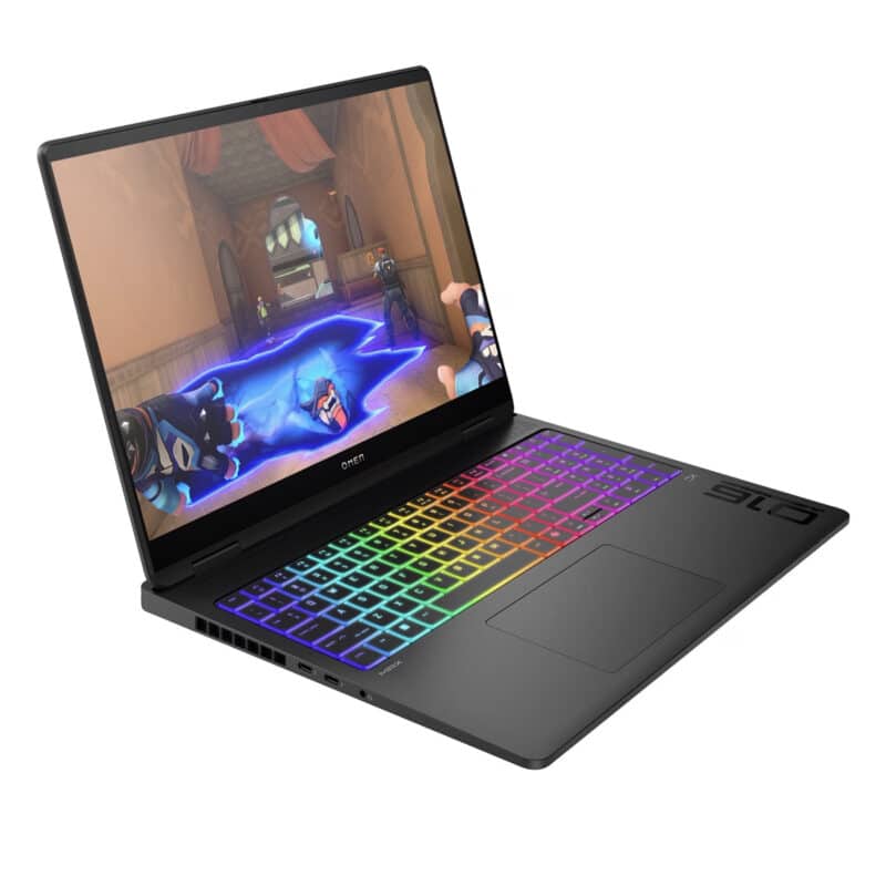 Ordinateur portable avec écran de jeu futuriste coloré.