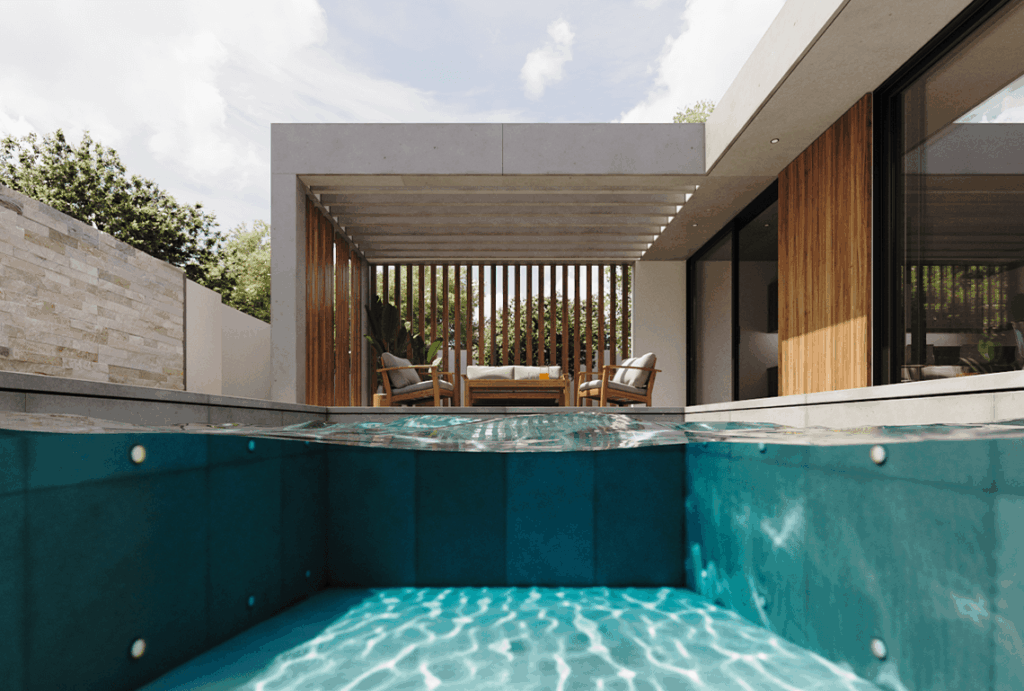 Piscine moderne avec terrasse couverte.