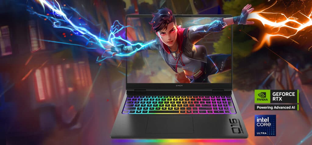 Ordinateur portable gaming avec éclairage RGB et écran.