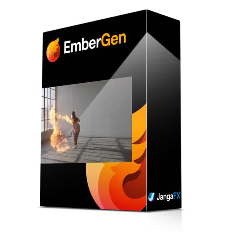 EmberGen boîte avec femme soufflant du feu.