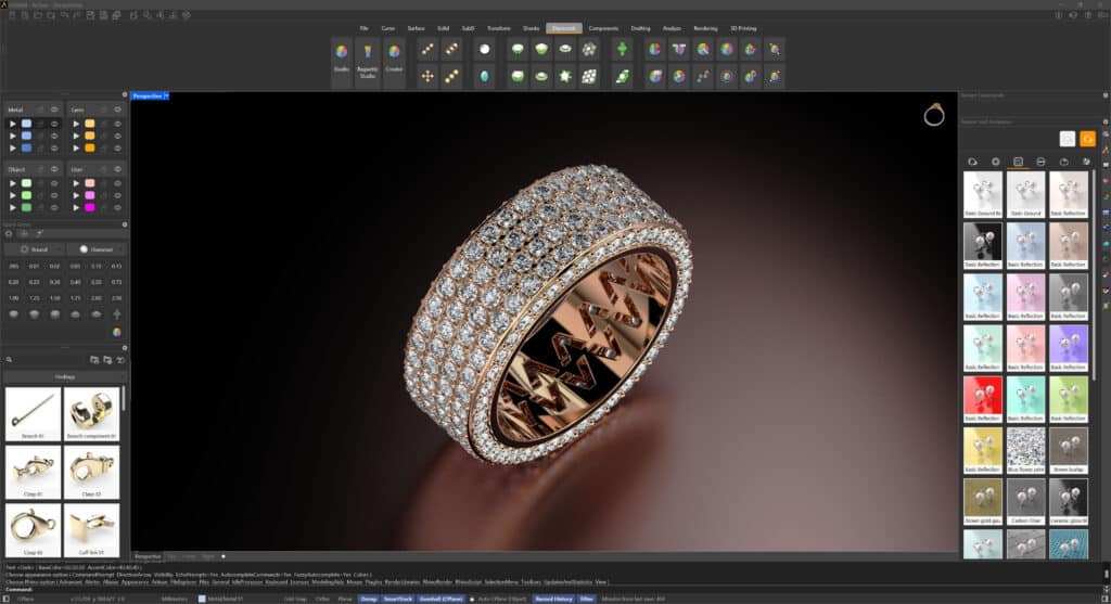 Conception de bague en or avec diamants dans logiciel.